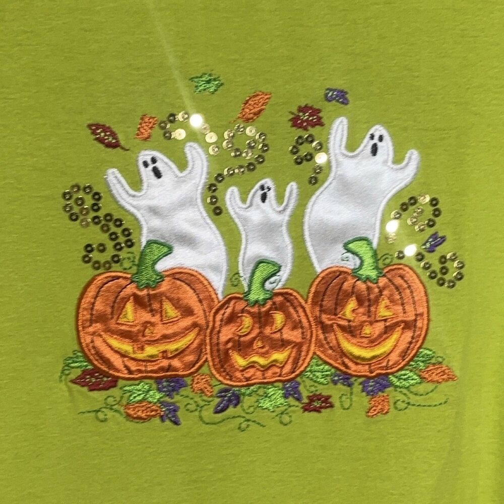 Womens 3X Halloween Long Sleeve T-Shirt Green Sequin Ghost Jack-o'-lantern Knit